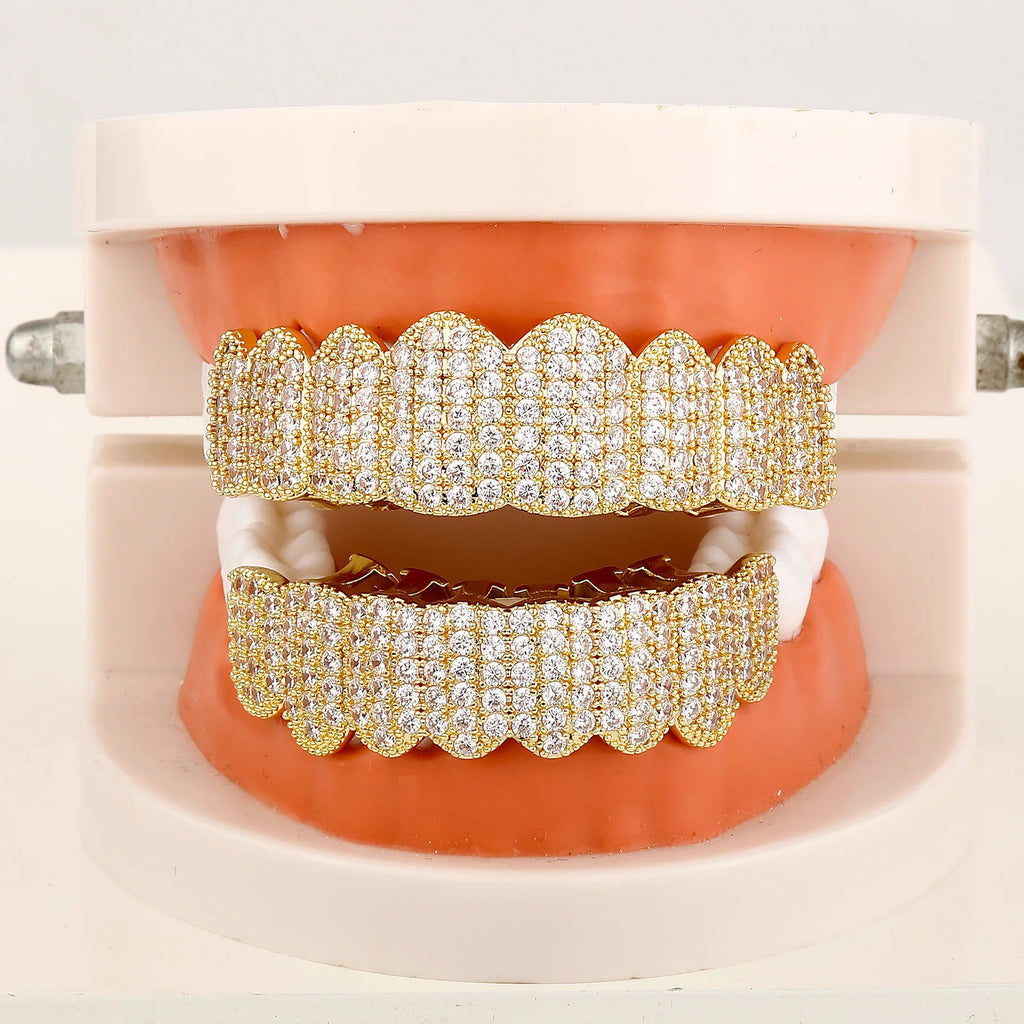 TOPGRILLZ Punk Iced Out Cubic Zircon Teeth Grills 8 Top & 8 Bottom Set Braces Full CZ Stones Dental Grills For Party Gift