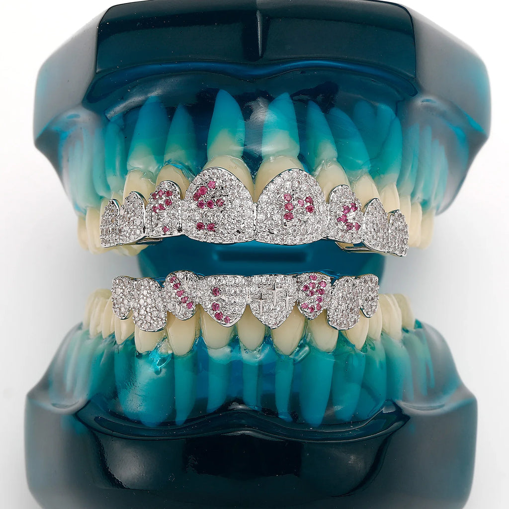 TOPGRILLZ White & Pink CZ Heart Cross Star Micro Pave Fang Grillz Set Gold Plated Top Bottom 8 Teeth Y2K Sweet Hip Hop Jewelry