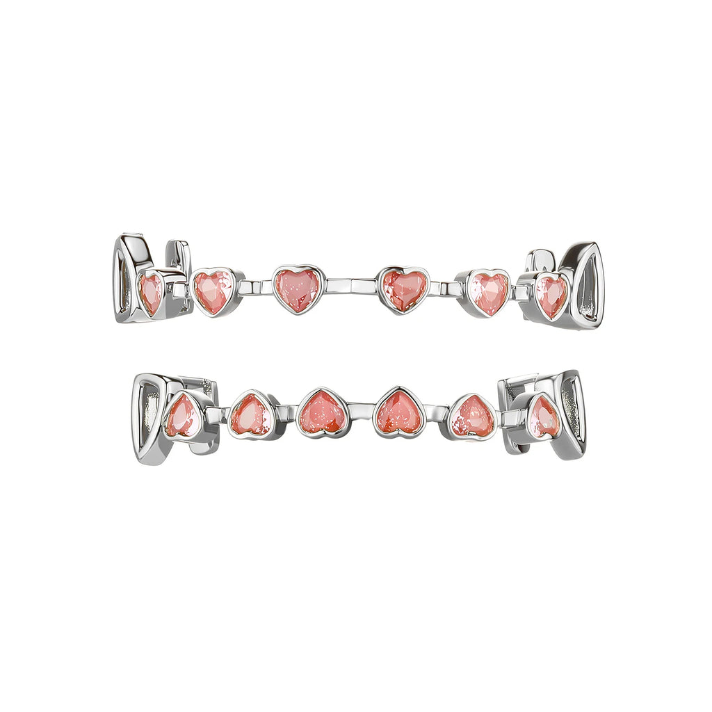 TOPGRILLZ Hip Hop Y2K Copper Grillz Set Pink And Clear Heart CZ Top Bottom Teeth Cap Sweet Cool Bling Jewelry For Women Men