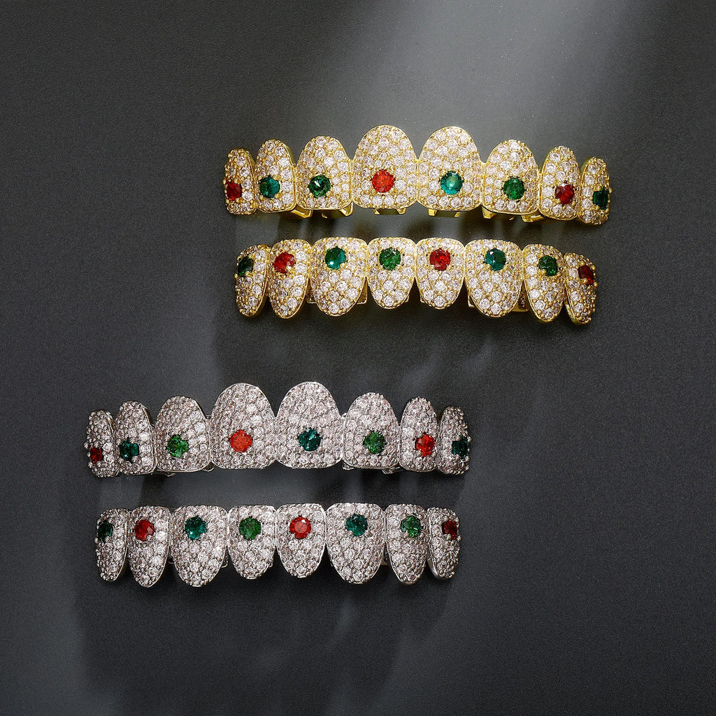 TOPGRILLZ Iced Out Full Cubic Zircon Tooth Caps 8 Top&8 Bottom Set Braces Multi-Colors Teeth Grillz For Party Christmas Gift