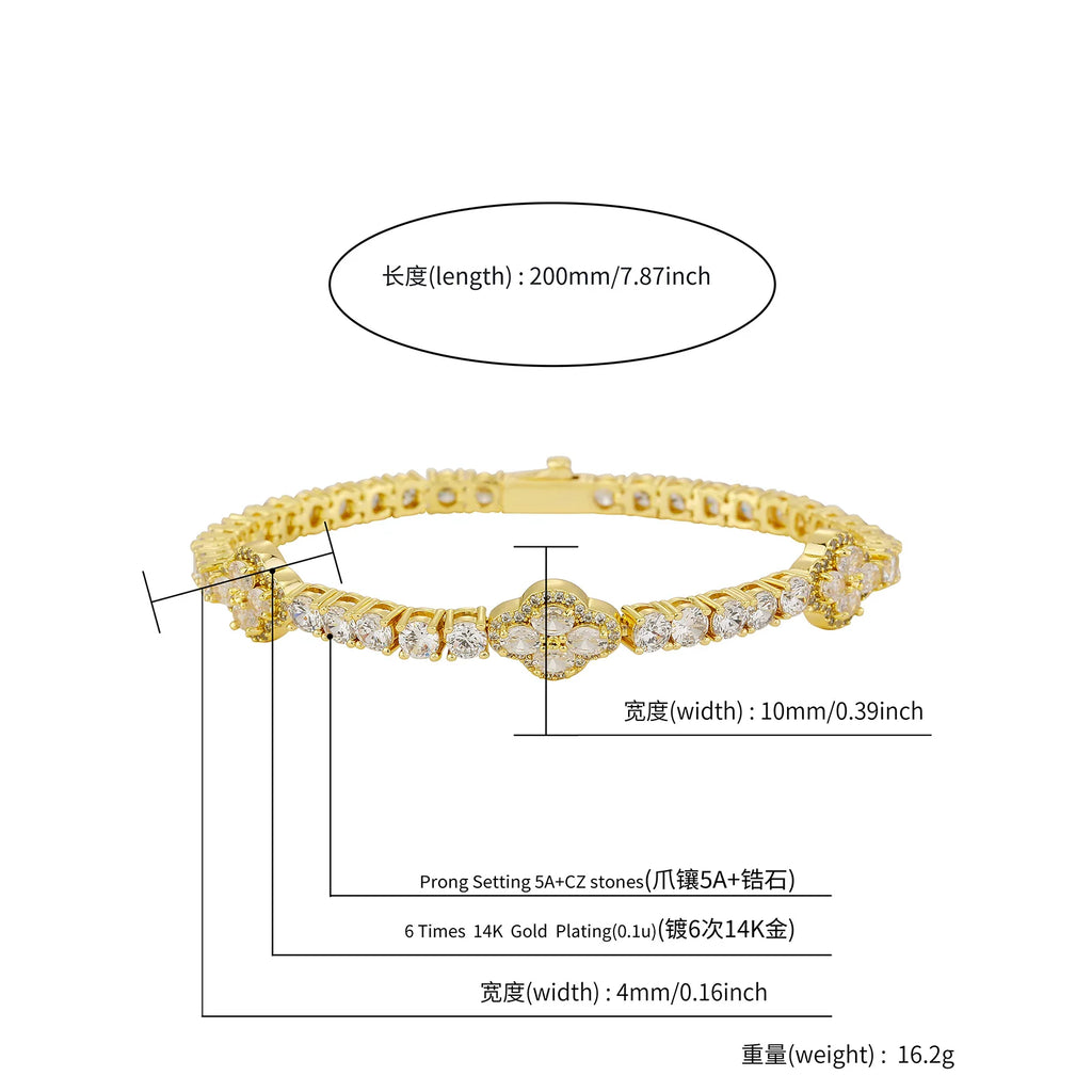 TOPGRILLZ Iced Out 4mm Zirconia Tennis Bracelet Flower Four Leaf Clover CZ Chain with Spring Buckle For Women Men Jewelry