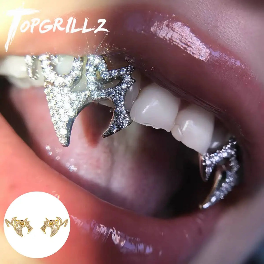 TOPGRILLZ Helloween Gothic Spike Iced Out Grillz Set Double Tooth Full CZ Paved Y2K Hip Hop Vampire Fang Teeth Jewelry Men Women