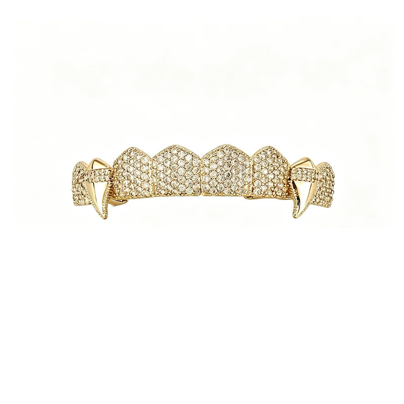 TOPGRILLZ Iced Out 5A+ CZ Teeth Set 8 Top& 8 Bottom Mouth Gold Silver Color Tooth Caps Removable Dental Grills For Halloween