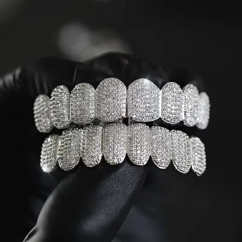 TOPGRILLZ Punk Iced Out Cubic Zircon Teeth Grills 8 Top & 8 Bottom Set Braces Full CZ Stones Dental Grills For Party Gift