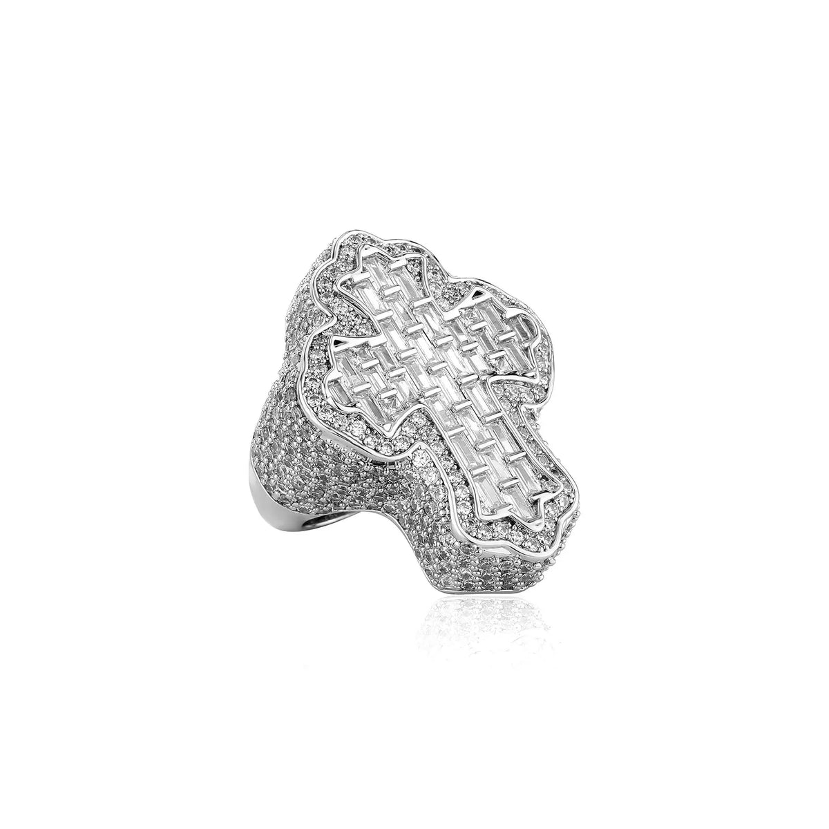 TOPGRILLZ Baguette Iced Out Bling CZ Cross Ring Gold Plated Prong Setting Cubic Zirconia Big Rings Hip Hop Luxulry Jewelry
