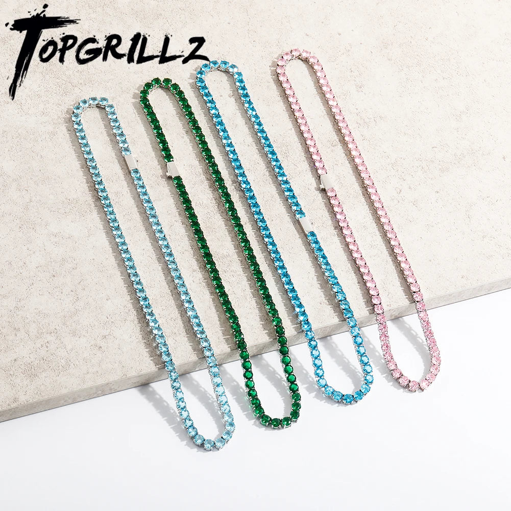 TOPGRILLZ 3/4MM Waterproof and Color Retention 5A+ Cz Stone Tennis Chain Iced Out Blue/Green/Pink Colorful Stone Hip Hop Jewelry