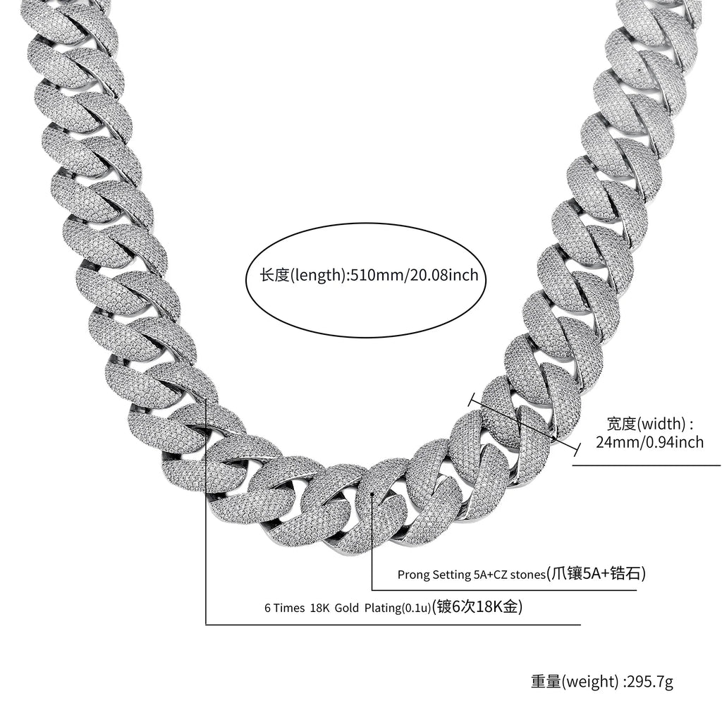 TOPGRILLZ 24mm Cuban Chain Necklace Full CZ Iced Out Wide Heavy Duty Box Clasp Silver Plated Copper Hip Hop Jewelry Men Women
