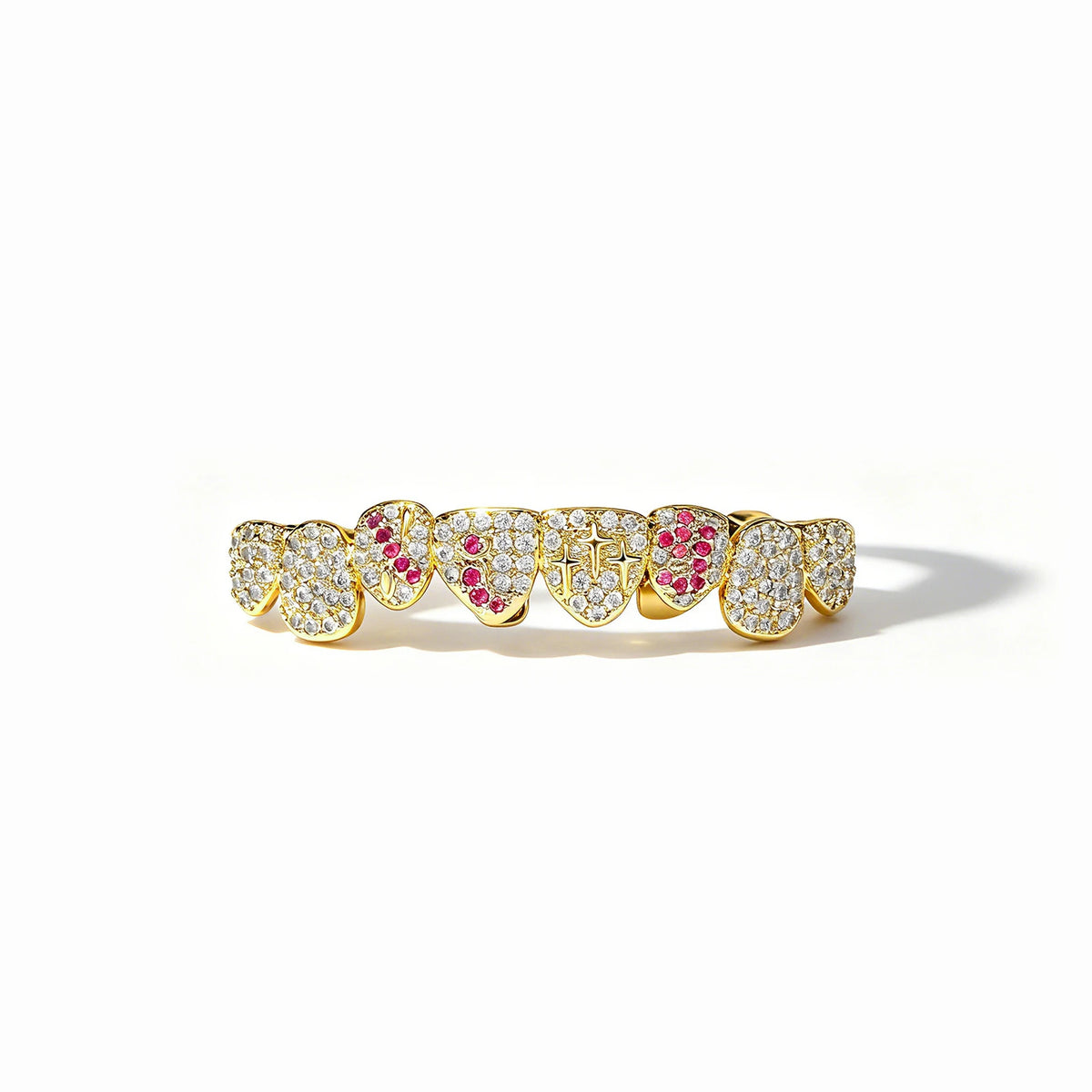 TOPGRILLZ White & Pink CZ Heart Cross Star Micro Pave Fang Grillz Set Gold Plated Top Bottom 8 Teeth Y2K Sweet Hip Hop Jewelry