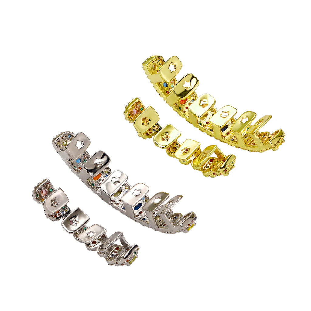 TOPGRILLZ  Hip Hop Full Iced Out  Set 8 Top&8 Bottom Tooth Cap Rainbow Candy Color Dental Grills For Unisex