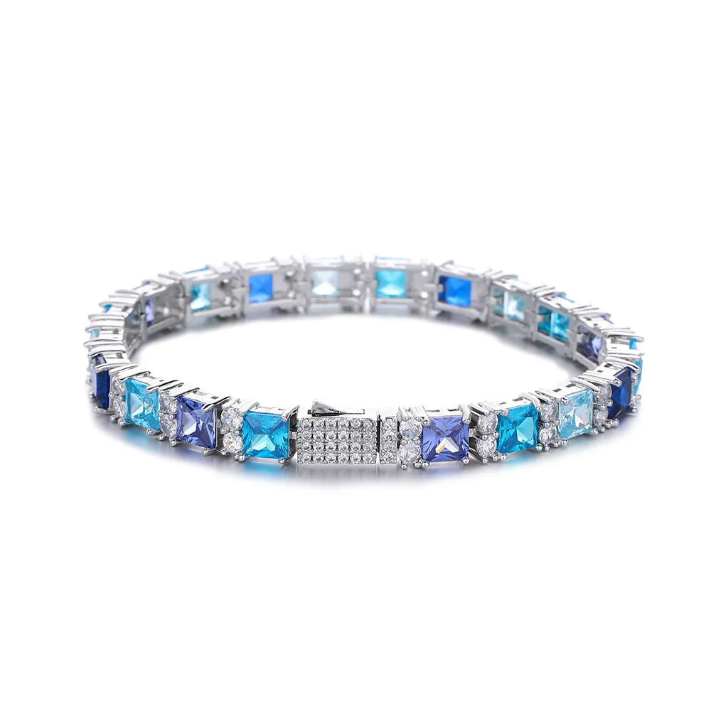 TOPGRILLZ Blue Zircon Tennis Chain Silver Plated Square Color CZ Iced Out Necklace Bracelet Box Clasp Hip Hop Jewelry Men Women