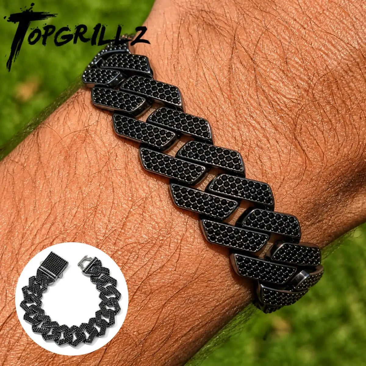 TOPGRILLZ 20MM Full Black Red Iced Out Miami Cuban Link Alloy Rhinestone Bracelet Necklace Hip Hop Jewelry Men Women