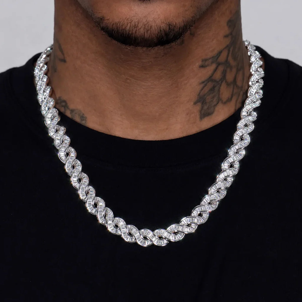 TOPGRILLZ Baguette CZ DNA Twist Chain Necklace S Wave Link Full Iced Out Silver Plated Hip Hop Jewelry Men Women