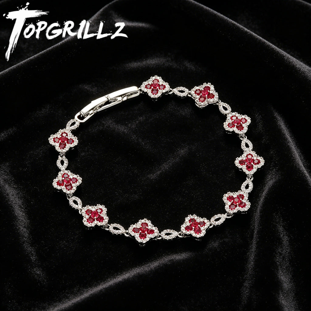 TOPGRILLZ French Luxury Platinum Plated Copper Y2K Four Leaf Clover Bracelet Wine Red CZ HipHop Jewelry Party Gift For Men&Women