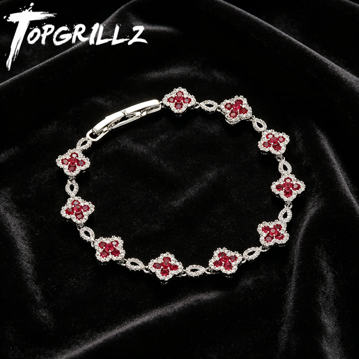 TOPGRILLZ French Luxury Platinum Plated Copper Y2K Four Leaf Clover Bracelet Wine Red CZ HipHop Jewelry Party Gift For Men&Women