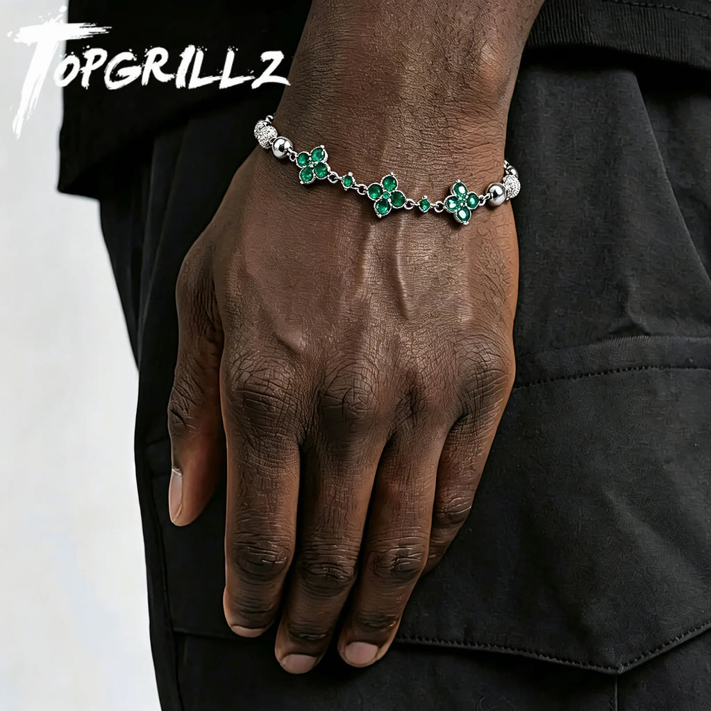 TOPGRILLZ Hip Hop Four Leaf Clover Bracelet Micro Paved CZ Stones Iced Out Round Ball Chain For Men Women Charm Jewelry Gift