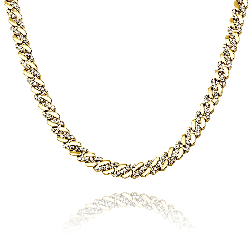 TOPGRILLZ 6MM/8MM Cuban Chain Necklace With Gold Plated Waterproof Iced Out Czechic Stone Hip Hop Fashion Jewelry For Men Women
