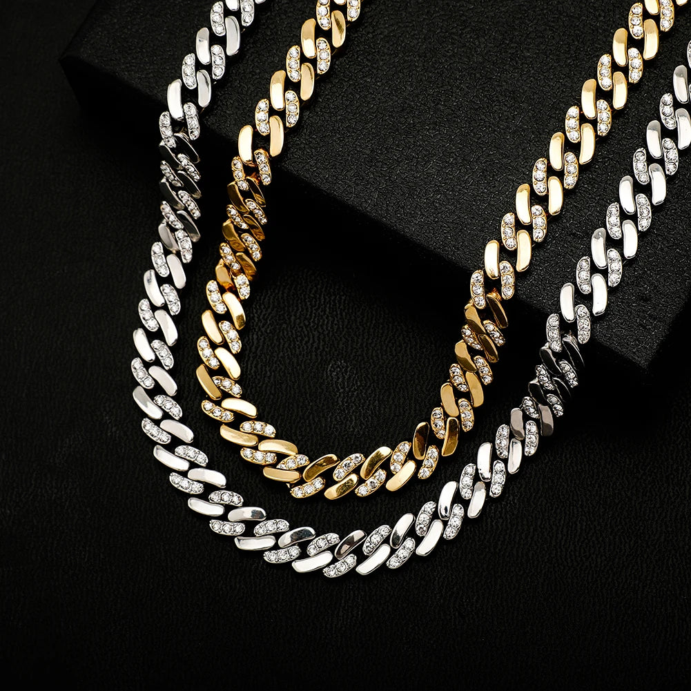 TOPGRILLZ 6MM/8MM Cuban Chain Necklace With Gold Plated Waterproof Iced Out Czechic Stone Hip Hop Fashion Jewelry For Men Women
