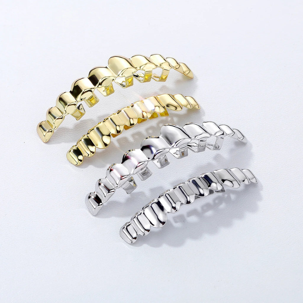 TOPGRILLZ 2Pcs Hip Hop Grillz Set No Stone Solid Mirror Top Bottom 10 Teeth Grills Classic Jewelry Men Women