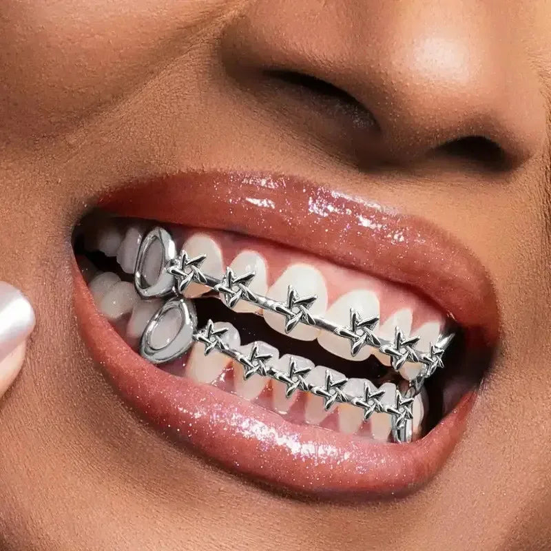 TOPGRILLZ Iced Out CZ Stones Hollow Teeth Caps For Women Men Jewelry Top & Bottom Pentagram Zircon Tooth Grills Braces Cosplay