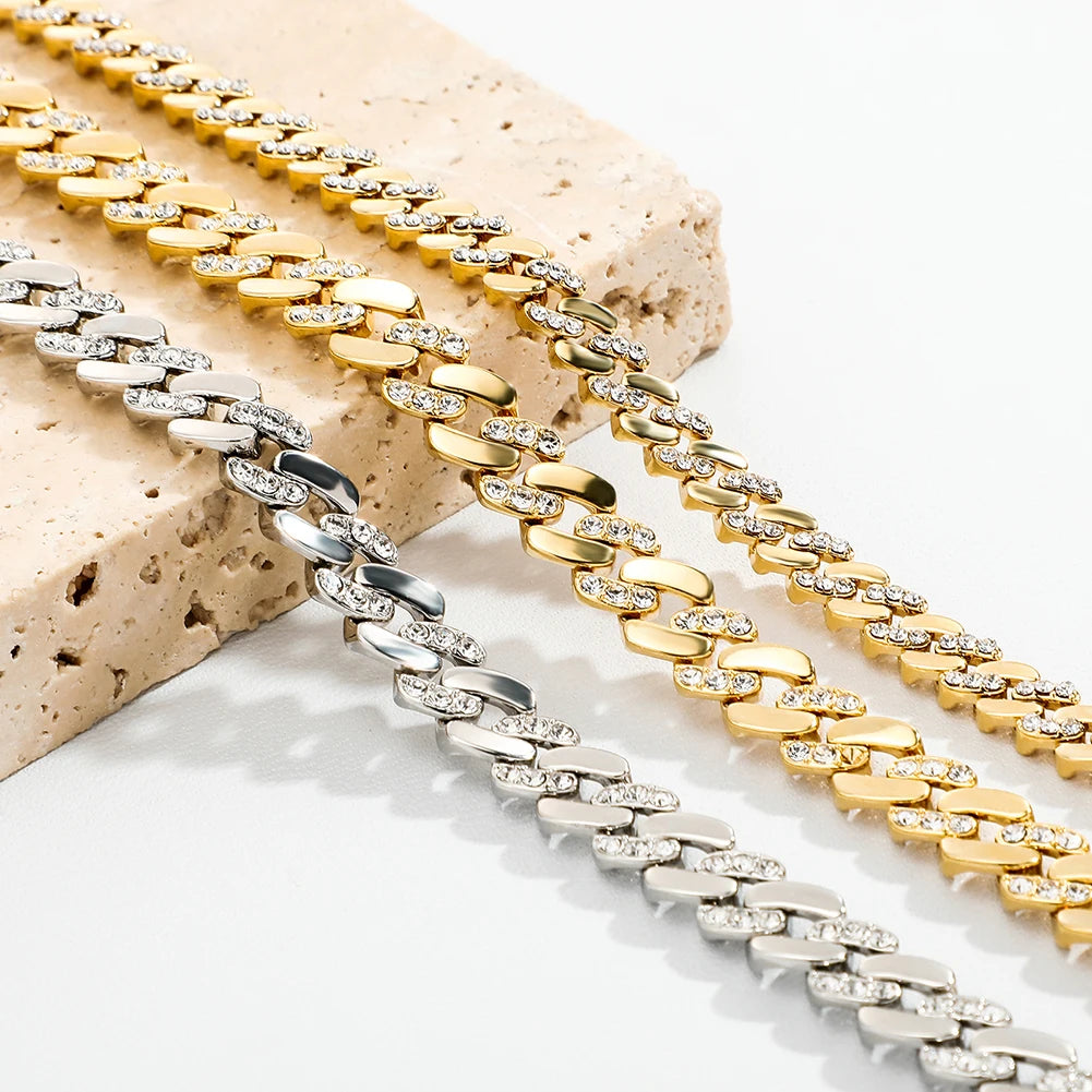 TOPGRILLZ 6MM/8MM Cuban Chain Necklace With Gold Plated Waterproof Iced Out Czechic Stone Hip Hop Fashion Jewelry For Men Women