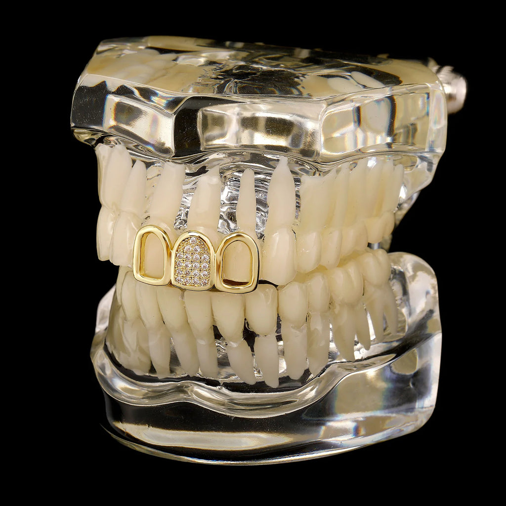 TOPGRILLZ Hip Hop CZ Teeth Grillz For Men Women Gold Silver Color 3 Tooth Grills Cap Dental Grill Punk Rapper Teeth Caps