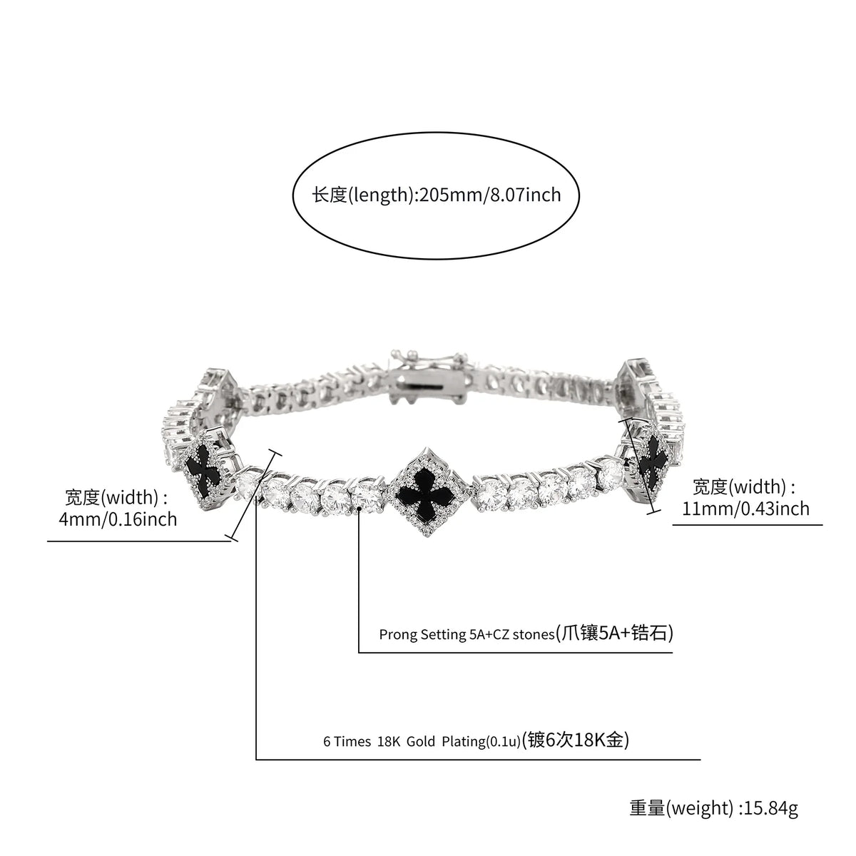 TOPGRILLZ Iced Out Charm Lucky Clover 4mm Tennis Bracelet Black Drip Oil Micro Paved Cubic Zircon Chain For Men Women Jewelry