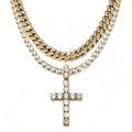TOPGRILLZ 2Pcs Layered Hip Hop Necklace Set Iced Out Cuban Tennis Chain CZ Cross Pendant Streetwear Bling Jewelry Men Women