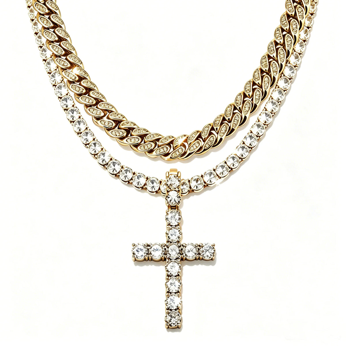 TOPGRILLZ 2Pcs Layered Hip Hop Necklace Set Iced Out Cuban Tennis Chain CZ Cross Pendant Streetwear Bling Jewelry Men Women