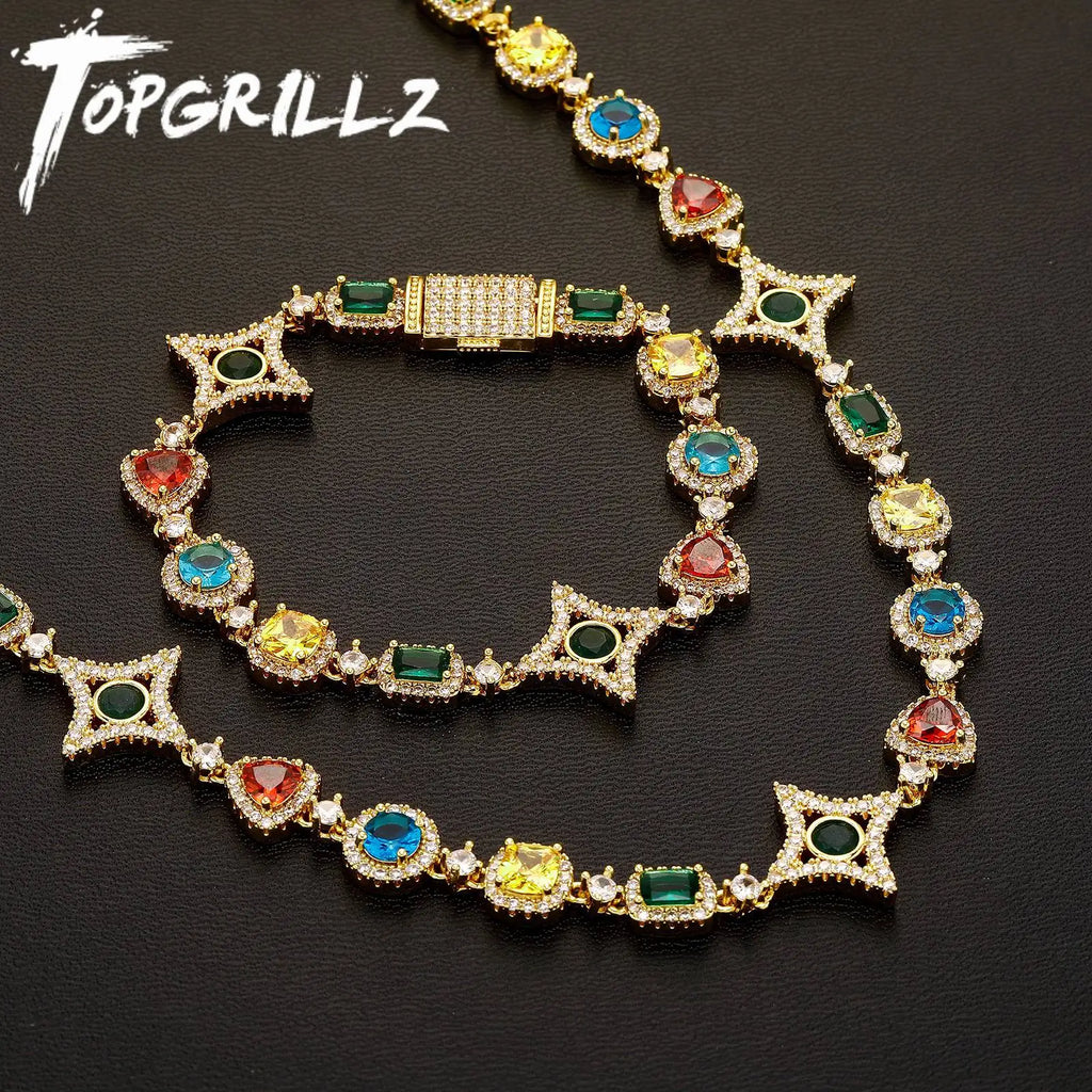 TOPGRILLZ Multicolor CZ Star Link Bracelet Necklace Gold/Silver Plated Y2K Dopamine Hip Hop Jewelry Iced Out Couple Unisex Gift