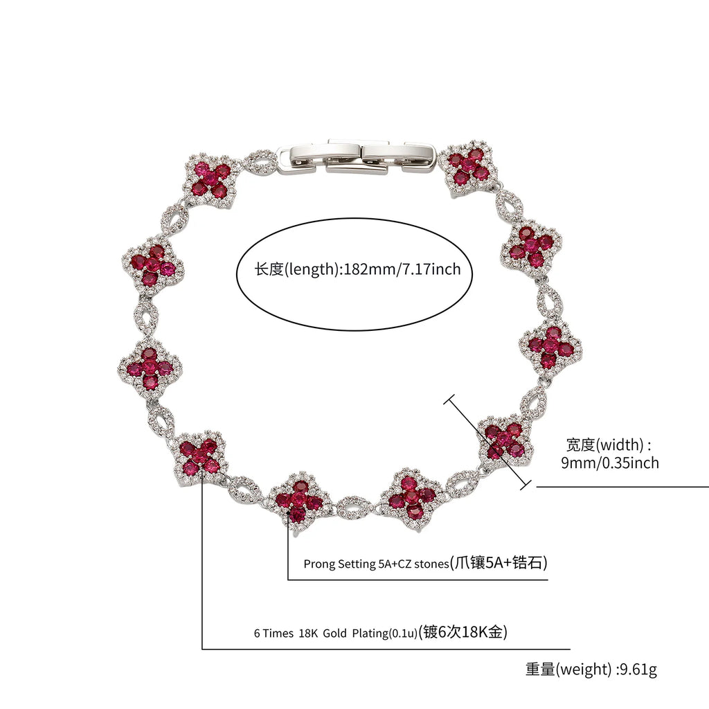 TOPGRILLZ French Luxury Platinum Plated Copper Y2K Four Leaf Clover Bracelet Wine Red CZ HipHop Jewelry Party Gift For Men&Women