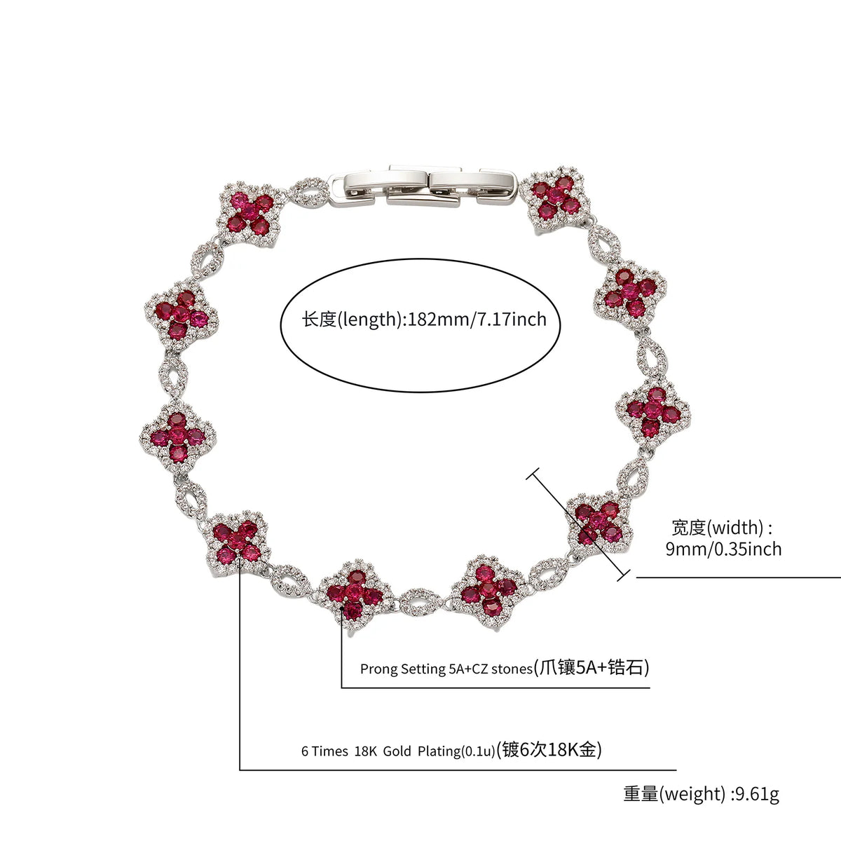 TOPGRILLZ French Luxury Platinum Plated Copper Y2K Four Leaf Clover Bracelet Wine Red CZ HipHop Jewelry Party Gift For Men&Women