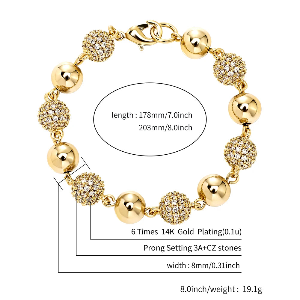 TOPGRILLZ 6mm8mm Big Round Ball Bracelet with Pearl Hip Hop Bracelet Iced Out CZ Gold Color Bracelet Punk Bling Jewelry For Gift