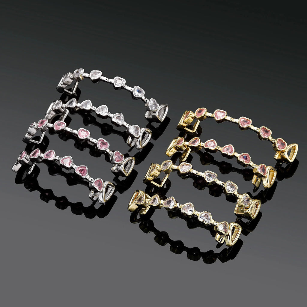 TOPGRILLZ Hip Hop Y2K Copper Grillz Set Pink And Clear Heart CZ Top Bottom Teeth Cap Sweet Cool Bling Jewelry For Women Men