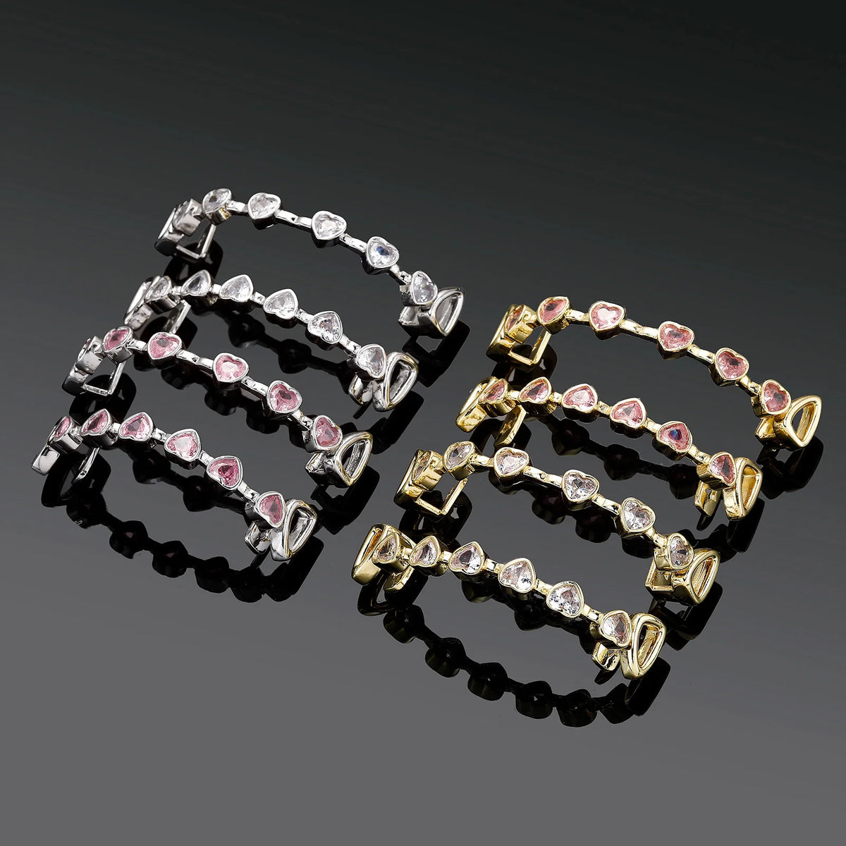 TOPGRILLZ Hip Hop Y2K Copper Grillz Set Pink And Clear Heart CZ Top Bottom Teeth Cap Sweet Cool Bling Jewelry For Women Men
