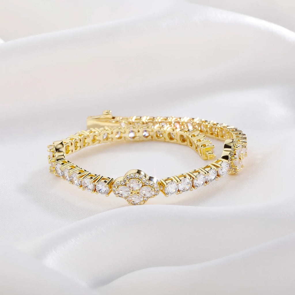 TOPGRILLZ Iced Out 4mm Zirconia Tennis Bracelet Flower Four Leaf Clover CZ Chain with Spring Buckle For Women Men Jewelry