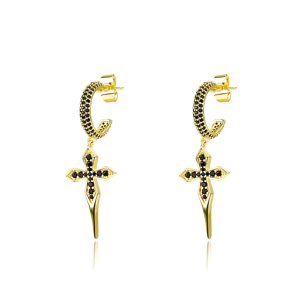 TOPGRILLZ Black CZ Ear Cuff Earrings Gun Plated Helloween Cross C-Shape Iced Out Hip Hop Gothic Jewelry Men Women