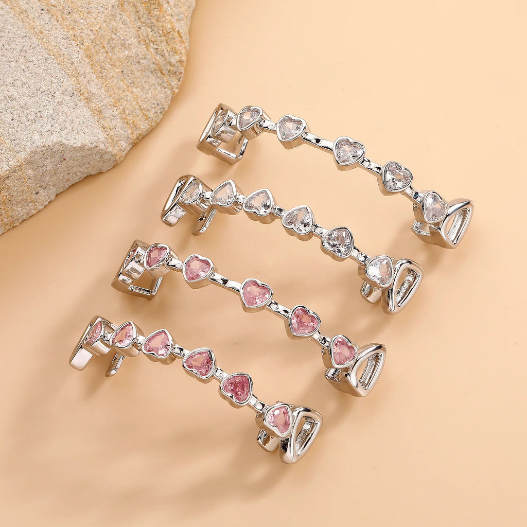 TOPGRILLZ Hip Hop Y2K Copper Grillz Set Pink And Clear Heart CZ Top Bottom Teeth Cap Sweet Cool Bling Jewelry For Women Men