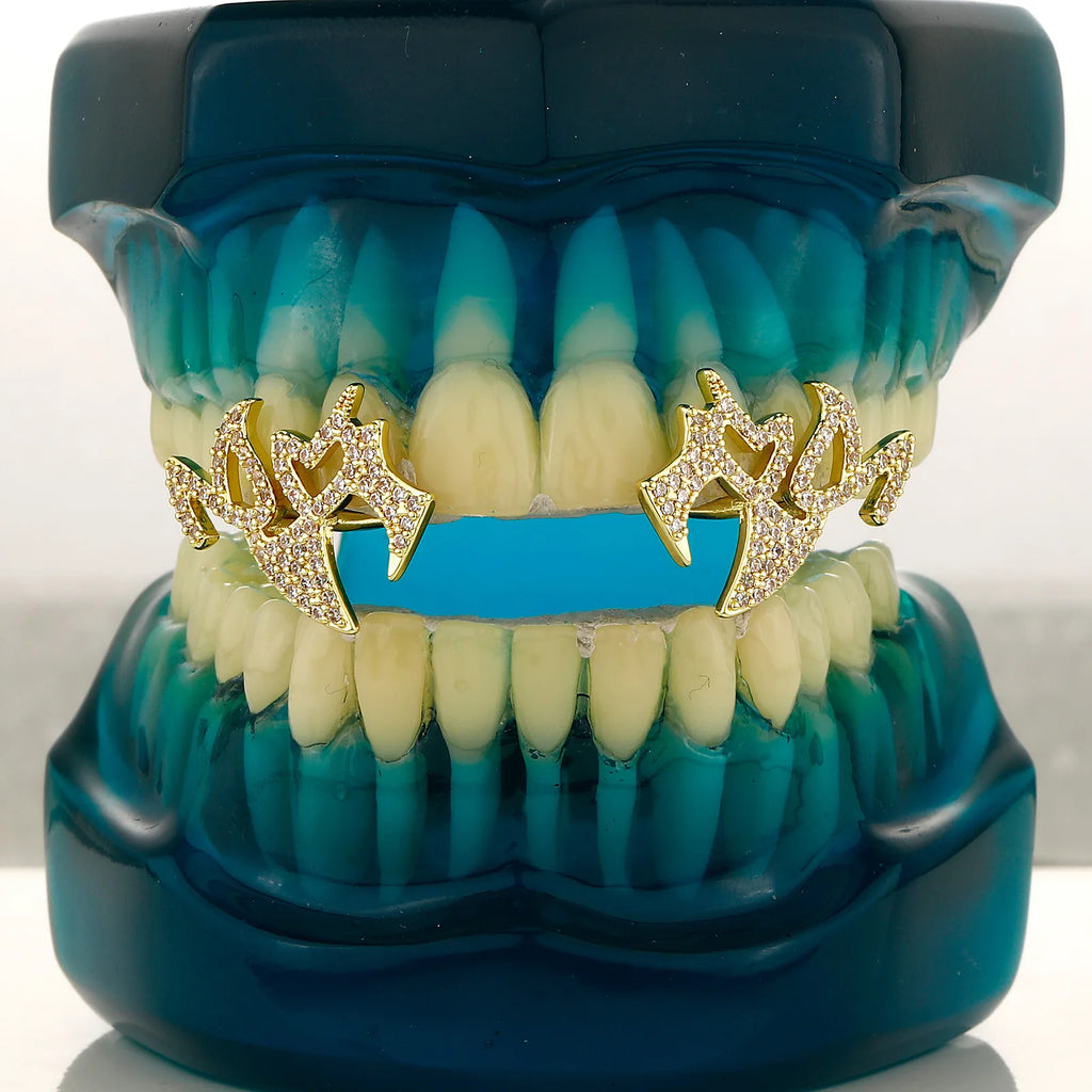 TOPGRILLZ Helloween Gothic Spike Iced Out Grillz Set Double Tooth Full CZ Paved Y2K Hip Hop Vampire Fang Teeth Jewelry Men Women