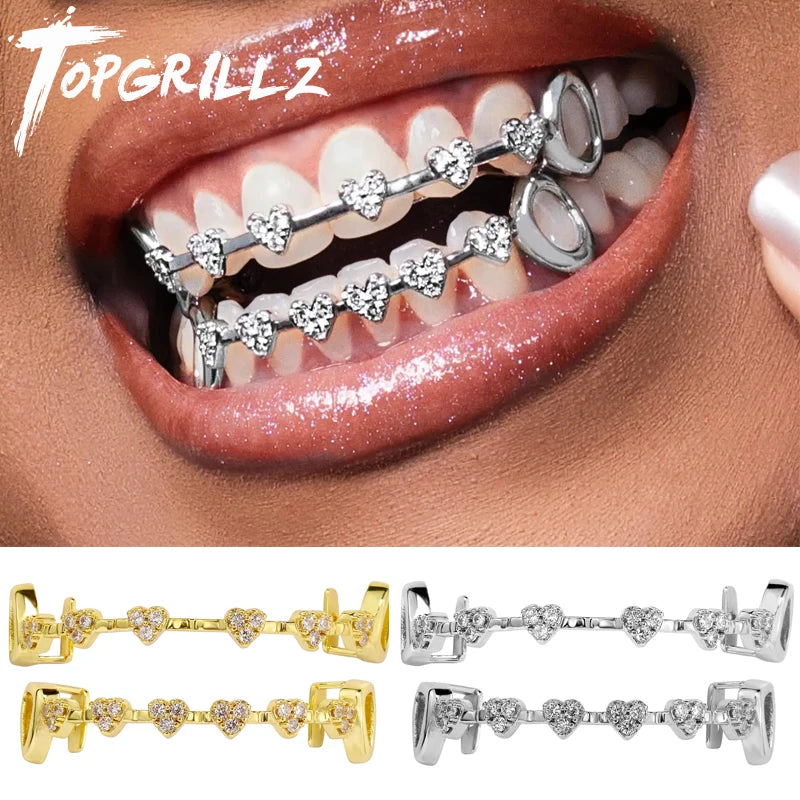 TOPGRILLZ Iced Out Heart Design Teeth Grillz Caps Cubic Zircon Micro Pave 6 Top&6 Bottom Charm Grills Set For Men Women Jewelry