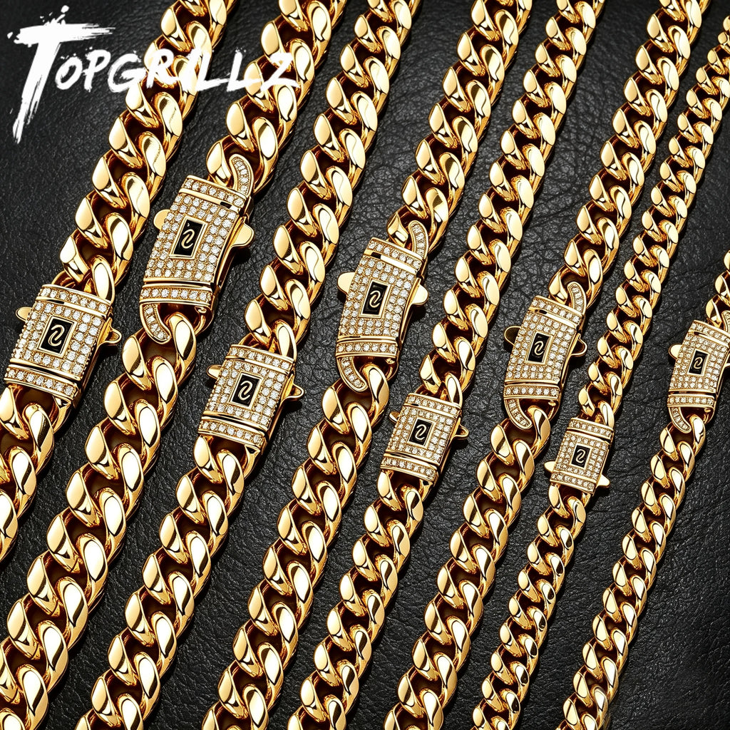 TOPGRILLZ Solid Stainless Steel Cuban Chain Necklace Anti-Rust CZ Iced Straight & Curved Lock Clasp 8-14mm Hip Hop Jewelry