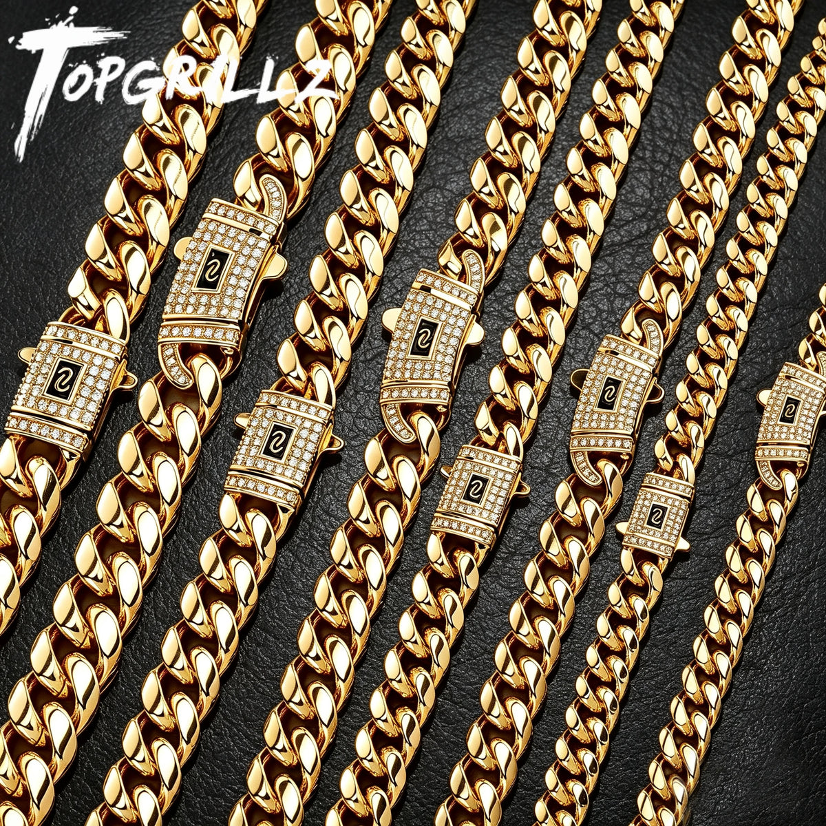 TOPGRILLZ Solid Stainless Steel Cuban Chain Necklace Anti-Rust CZ Iced Straight & Curved Lock Clasp 8-14mm Hip Hop Jewelry
