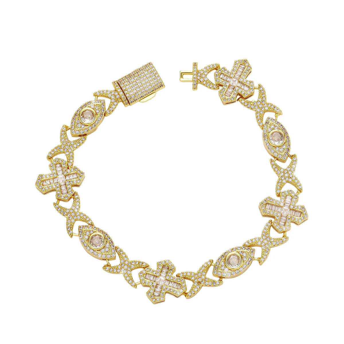 TOPGRILLZ Evil Eye Cross Infinity Symbol Link Bracelet Iced Out Gold Plated CZ Paved Hip Hop Gothic Halloween Jewelry Men Women