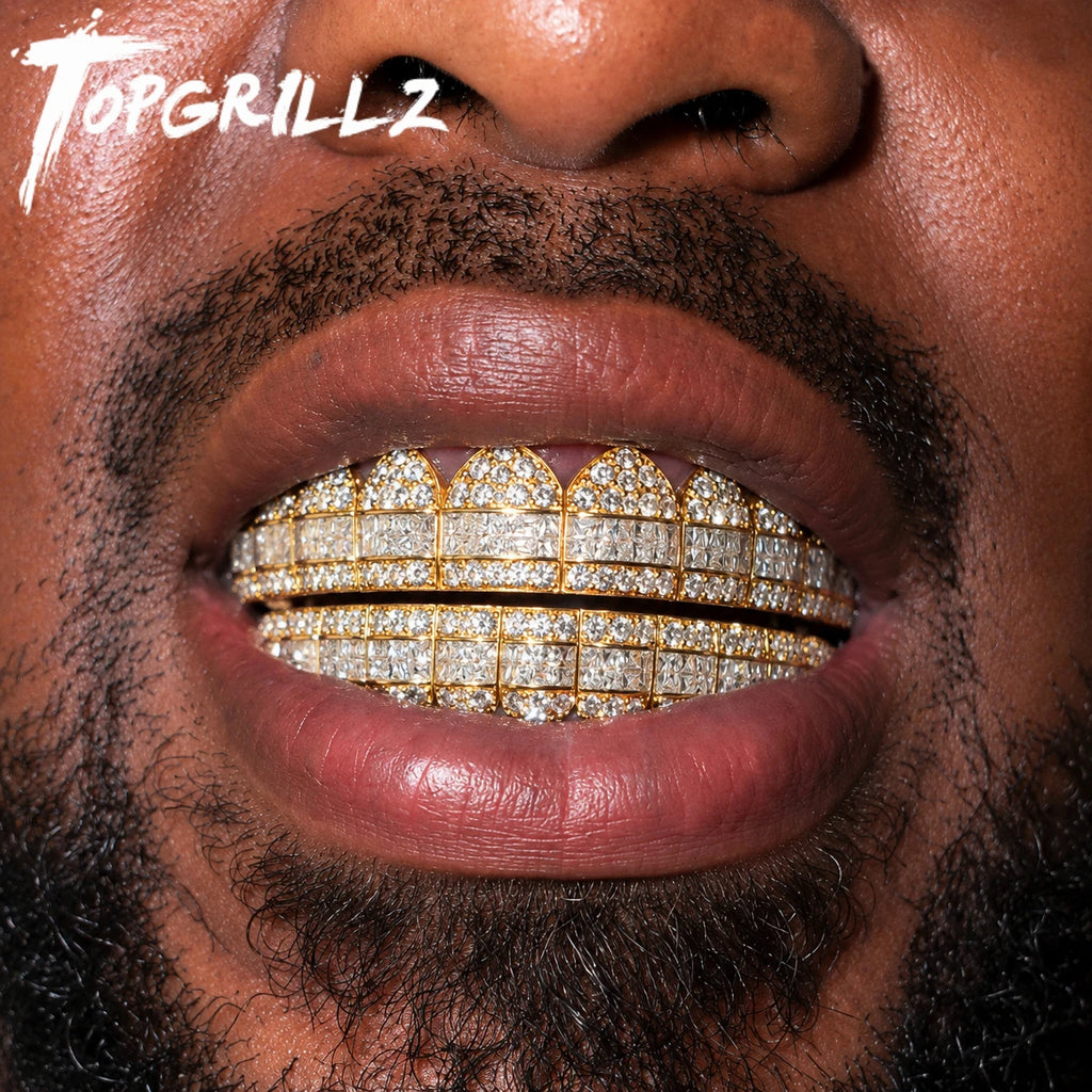 TOPGRILLZ New Baguette Set Teeth Grillz Top & Bottom 14K White Gold Hip Hop Fashion Rapper Jewelry Gift For Men Women