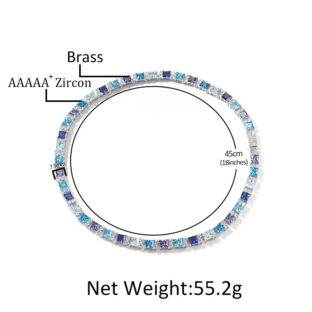 TOPGRILLZ Blue Zircon Tennis Chain Silver Plated Square Color CZ Iced Out Necklace Bracelet Box Clasp Hip Hop Jewelry Men Women