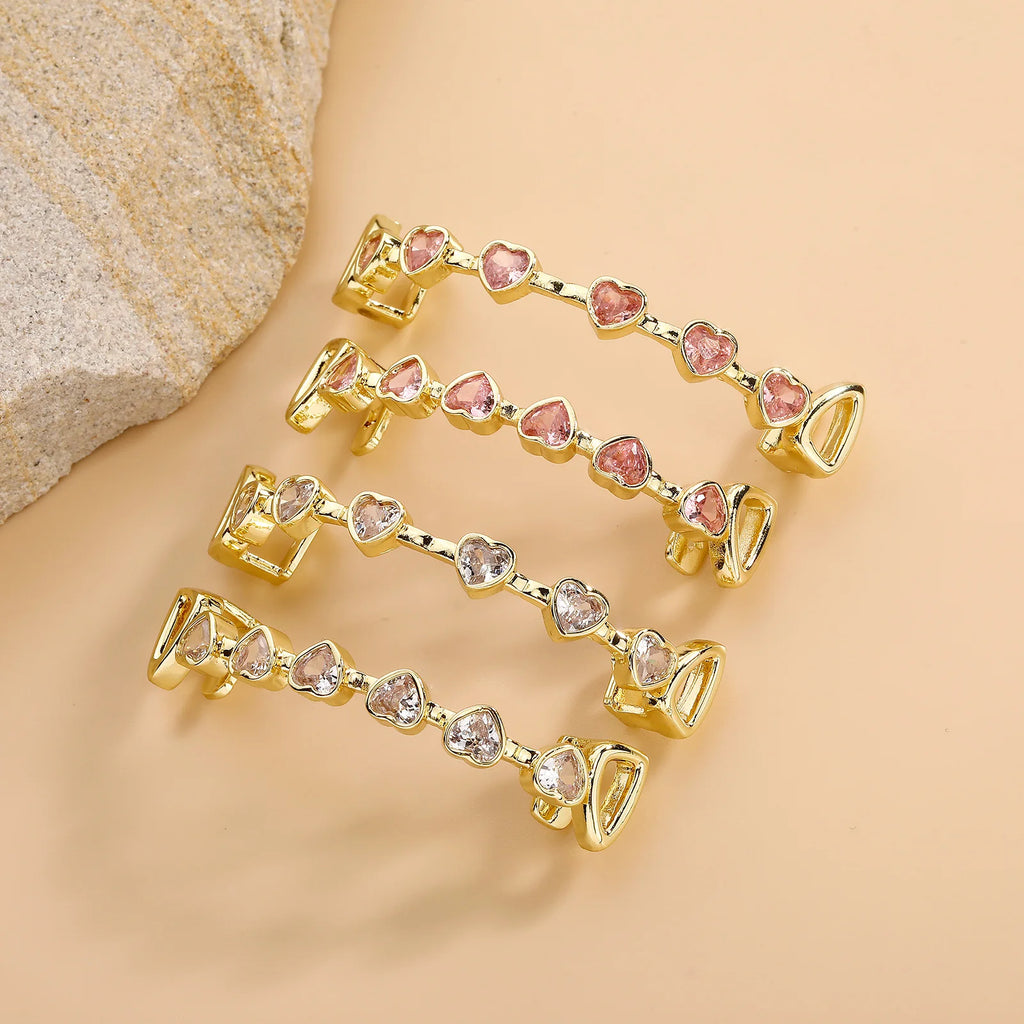 TOPGRILLZ Hip Hop Y2K Copper Grillz Set Pink And Clear Heart CZ Top Bottom Teeth Cap Sweet Cool Bling Jewelry For Women Men