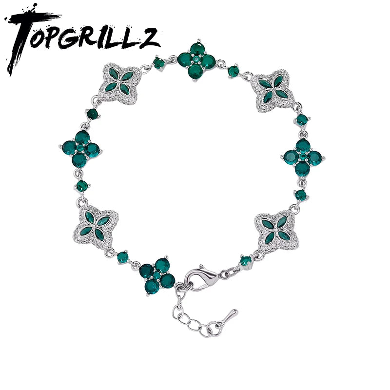 TOPGRILLZ Iced Out Classic Brass Bracelet Ladies Adjustable Four Leaf Clover Chain Bracelet With 5A+ Cubic Zirconia For Party