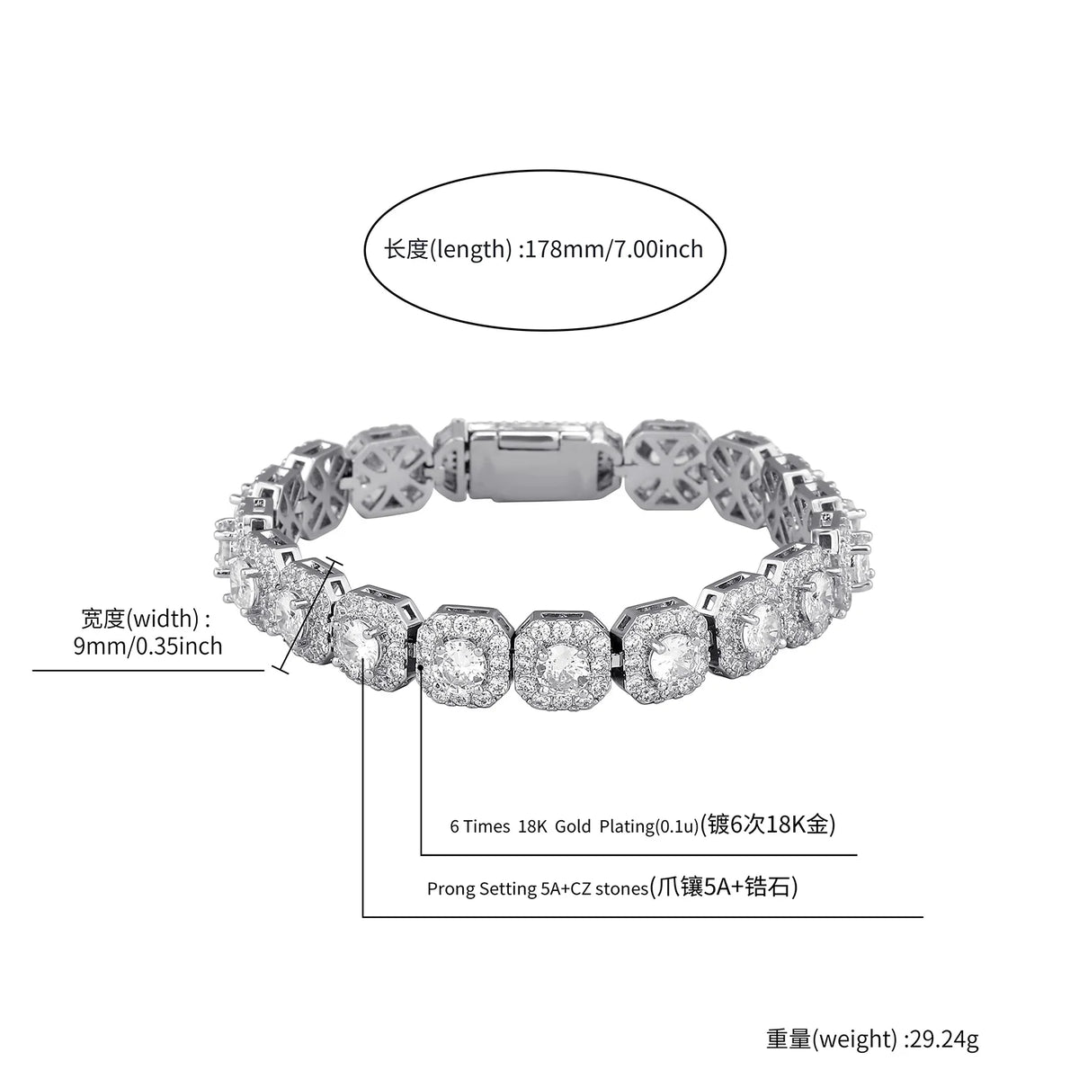 TOPGRILLZ 10mm Iced Out Full 5A Cubic Zirconia Square Charm Bracelet Bling CZ Tennis Chain With Box Clasp For Men Women Jewelry