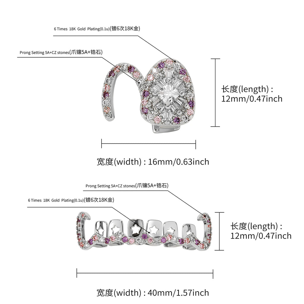 TOPGRILLZ Y2K Sweet Cool Grillz Pink Purple CZ Gold Plated Fang and Wavy Bar Set Women Men Couple Teeth Jewelry