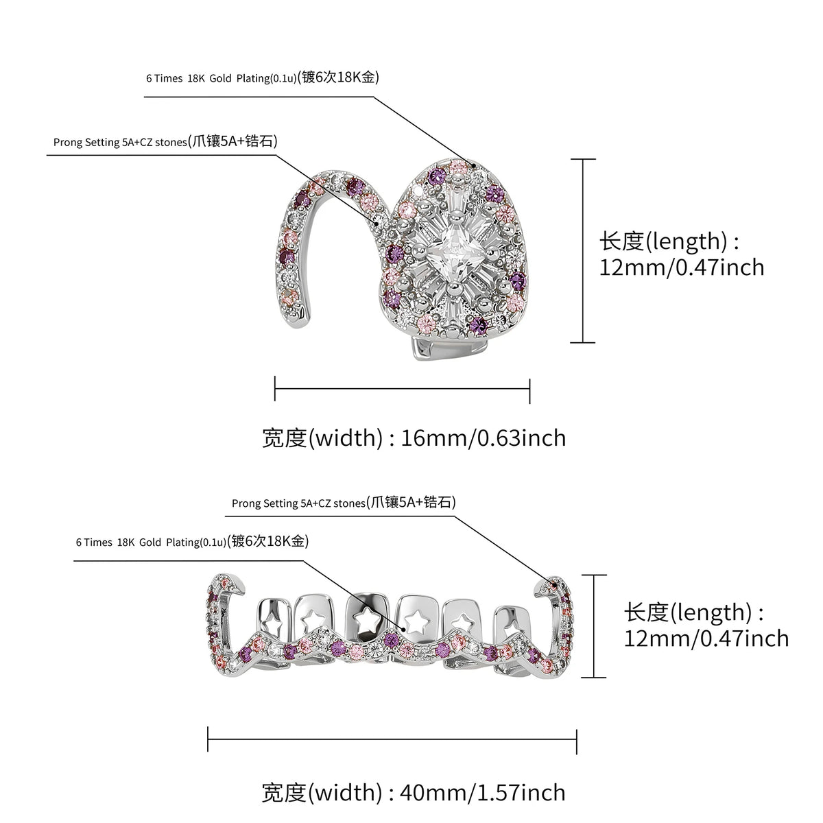 TOPGRILLZ Y2K Sweet Cool Grillz Pink Purple CZ Gold Plated Fang and Wavy Bar Set Women Men Couple Teeth Jewelry