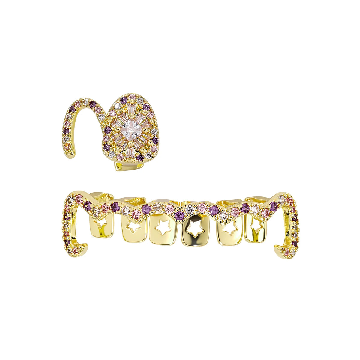 TOPGRILLZ Y2K Sweet Cool Grillz Pink Purple CZ Gold Plated Fang and Wavy Bar Set Women Men Couple Teeth Jewelry